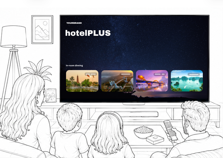 A television showing the TVshuru interface with service categories.